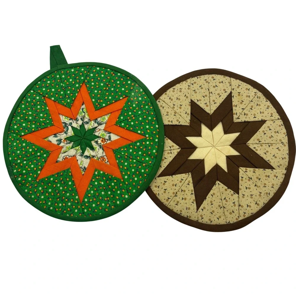 Vintage Handmade Quilted Folded Star Pot Holders Set of 2 Green Orange Brown 8